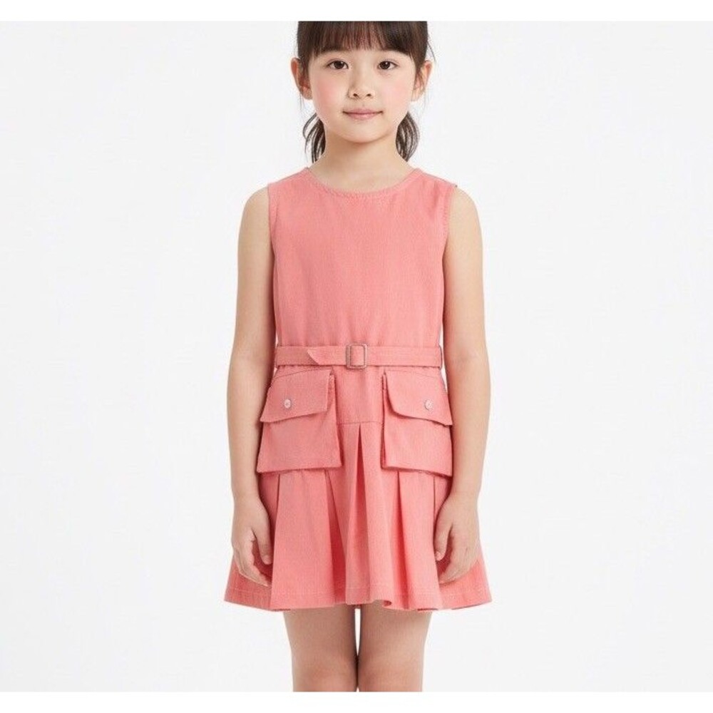 NEW KIDS GIRLS SIZE 4-5T PLEATED PINK COTTON DRESS BELT WAIST SLEEVELESS